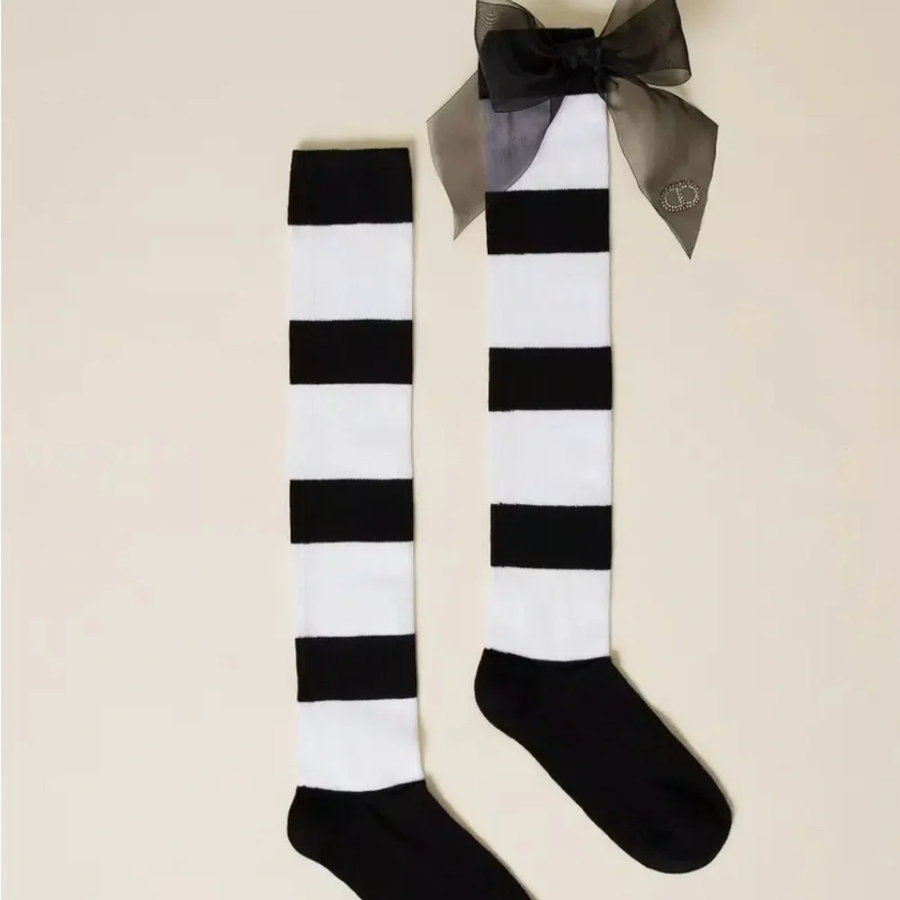 Twin-Set Kids Black and White Striped Socks with Ribbon. Euro designer Twinset
